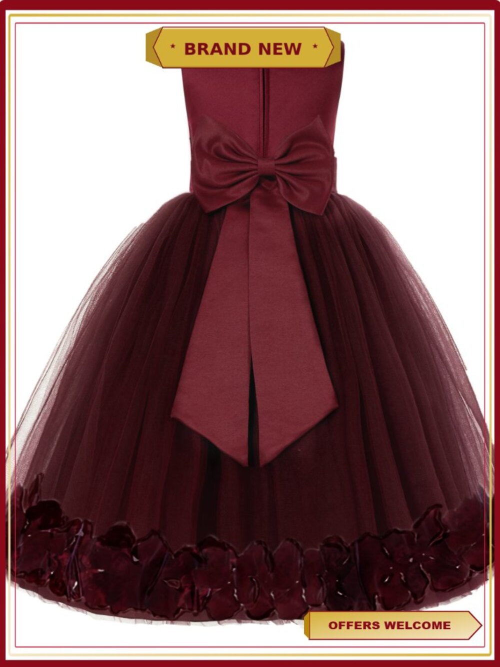 Flower Girl Wedding Dress Tulle Satin Tie-Bow Sash Rose Petals